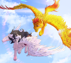 Size: 1970x1740 | Tagged: safe, artist:stoopf, oc, oc only, oc:dexstar, oc:dream weaver, pegasus, angelic wings, chest fluff, cloud, duo, flying, large wings, lens flare, looking at each other, looking at someone, male, outdoors, sky, stallion, sun, wings