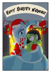 Size: 2000x2828 | Tagged: safe, artist:mightyshockwave, oc, oc only, oc:filly anon, oc:icicle slither, earth pony, lamia, original species, pony, christmas, christmas card, clothes, coils, female, filly, fireplace, hat, hearth's warming eve, holiday, indoors, passepartout, santa hat, stockings, thigh highs