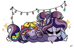 Size: 1600x1037 | Tagged: safe, artist:princessmoonsilver, oc, oc:serene wish, bat pony, pony, christmas, christmas lights, female, holiday, mare, simple background, sleeping, solo, transparent background