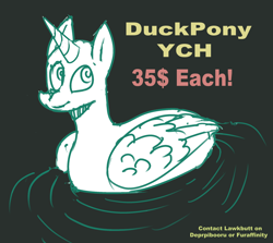 Size: 1302x1159 | Tagged: safe, artist:lawkbutt, oc, oc only, alicorn, duck pony, earth pony, hybrid, pegasus, pony, unicorn, commission, horn, pony hybrid, solo, swimming, ych example, ych sketch, your character here