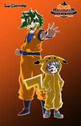 Size: 5000x7800 | Tagged: safe, artist:cmacx, princess flurry heart, spike, human, pikachu, g4, clothes, costume, dragon ball, food, gi, gradient background, halloween, halloween costume, hand on hip, hat, holiday, humanized, jack-o-lantern, one eye closed, orange, pokémon, pumpkin, son goku, wink, witch hat