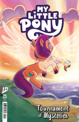 Size: 1988x3056 | Tagged: safe, artist:sophie scruggs, idw, official comic, sunny starscout, alicorn, pony, g5, my little pony: tournament of mysteries, official, artificial horn, artificial wings, augmented, beautiful, butt, cloud, comic cover, cover, cover art, female, flying, horn, large wings, long mane, magic, magic horn, magic wings, mane stripe sunny, mare, my little pony logo, ocean, outdoors, plot, race swap, solo, spread wings, sunnycorn, sunset, unshorn fetlocks, water, wings