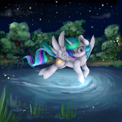 Size: 3000x3000 | Tagged: safe, artist:katemaximova, princess celestia, alicorn, firefly (insect), insect, pony, g4, female, flying, forest, horn, mare, nature, night, night sky, outdoors, sky, solo, spread wings, tree, water, wings