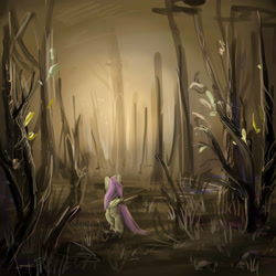 Size: 3000x3000 | Tagged: safe, artist:katemaximova, fluttershy, pegasus, pony, g4, dark, female, folded wings, forest, mare, nature, outdoors, scenery, solo, tree, wings