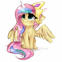 Size: 3000x3000 | Tagged: safe, artist:katemaximova, artist:upbeatderpness, fluttershy, pegasus, pony, g4, my little pony: friendship is magic, testing testing 1-2-3, blushing, chest fluff, clothes, cosplay, costume, cute, daaaaaaaaaaaw, fake horn, female, heart, hnnng, implied princess celestia, jewelry, mare, shyabetes, shylestia, simple background, sitting, smiling, solo, spread wings, tiara, white background, wings