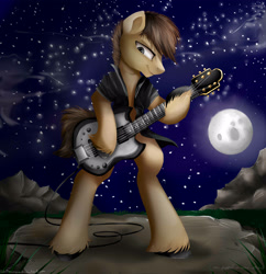 Size: 3000x3100 | Tagged: safe, artist:katemaximova, oc, oc only, earth pony, semi-anthro, arm hooves, bipedal, clothes, electric guitar, guitar, high res, hoof hold, male, moon, musical instrument, night, outdoors, solo, stallion, unshorn fetlocks