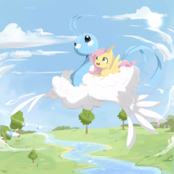 Size: 3000x3000 | Tagged: safe, artist:katemaximova, fluttershy, altaria, pegasus, pony, g4, cloud, crossover, flying, grass, lying down, lying on a cloud, on a cloud, open mouth, outdoors, pokémon, prone, river, sky, spread wings, sun, tree, water, wings