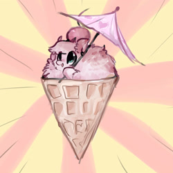 Size: 3000x3000 | Tagged: safe, artist:katemaximova, oc, oc only, oc:fluffle puff, pony, abstract background, cherry, female, food, ice cream, ice cream cone, smiling, solo, sunburst background, umbrella