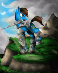 Size: 4000x5000 | Tagged: safe, artist:katemaximova, oc, oc only, bird, earth pony, pony, absurd resolution, cloud, grass, male, mouth hold, outdoors, raised hoof, sky, solo, stallion, sword, weapon