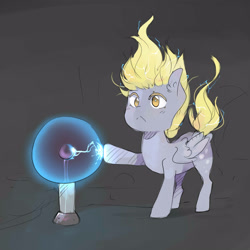 Size: 3000x3000 | Tagged: safe, artist:katemaximova, derpy hooves, pegasus, pony, g4, my little pony: friendship is magic, slice of life (episode), :<, black background, cute, derpabetes, ear fluff, electricity, female, frown, mare, plasma ball, scene interpretation, simple background, solo, static, wings