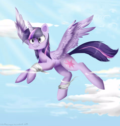 Size: 2000x2100 | Tagged: safe, artist:katemaximova, twilight sparkle, alicorn, pony, g4, bandage, female, flying, horn, mare, outdoors, sky, solo, spread wings, twilight sparkle (alicorn), wings