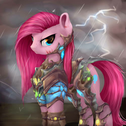 Size: 3000x3000 | Tagged: safe, artist:katemaximova, pinkie pie, earth pony, pony, g4, armor, badass, cut, female, lightning, mare, pinkamena diane pie, rain, solo