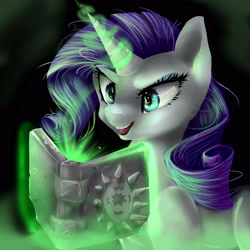 Size: 3000x3000 | Tagged: safe, artist:katemaximova, rarity, pony, unicorn, g4, book, dark magic, female, glowing, glowing horn, horn, inspirarity, magic, magic aura, mare, open mouth, possessed, possession, reading, solo