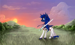 Size: 3000x1800 | Tagged: safe, artist:katemaximova, princess luna, alicorn, pony, g4, alternate hairstyle, clothes, cloud, cosplay, costume, crossover, female, folded wings, grass, mare, outdoors, sky, solo, sun, sword, sword art online, weapon, wings, yuuki asuna