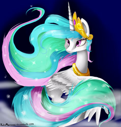 Size: 2000x2100 | Tagged: safe, artist:katemaximova, princess celestia, alicorn, pony, g4, crown, female, horn, jewelry, mare, peytral, regalia, solo, windswept mane, wings