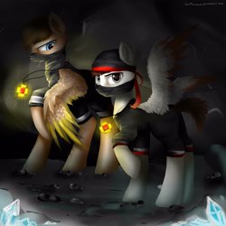 Size: 3000x3000 | Tagged: safe, artist:katemaximova, oc, oc only, pegasus, pony, cave, clothes, duo, duo male, high res, jewelry, looking at you, male, necklace, raised hoof, spread wings, stallion, wings