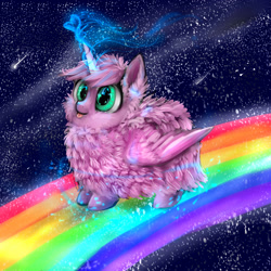 Size: 3000x3000 | Tagged: safe, artist:katemaximova, oc, oc only, oc:fluffle puff, alicorn, pony, pink fluffy unicorns dancing on rainbows, :p, alicornified, flufflecorn, glowing, glowing horn, heart, horn, magic, magic aura, race swap, rainbow, smiling, solo, space, this will end in pbbt, tongue out, wings, xk-class end-of-the-world scenario