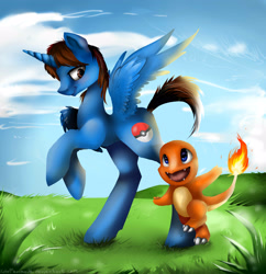 Size: 3000x3100 | Tagged: safe, artist:katemaximova, oc, oc only, alicorn, charmander, pony, cloud, grass, high res, horn, outdoors, pokémon, sky, spread wings, wings