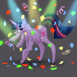 Size: 3000x3000 | Tagged: safe, artist:katemaximova, twilight sparkle, alicorn, pony, g4, my little pony: friendship is magic, trade ya!, confetti, covering, female, hiding behind wing, horn, looking at you, mare, nervous, peeking, raised hoof, scene interpretation, shy, solo, twilight sparkle (alicorn), wings