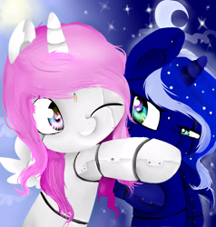 Size: 2000x2100 | Tagged: safe, artist:katemaximova, princess celestia, princess luna, alicorn, pony, robot, robot pony, g4, cewestia, duo, duo female, female, filly, filly luna, foal, horn, hug, looking at each other, looking at someone, moon, one eye closed, pink-mane celestia, princess lunabot, robolestia, roboticization, royal sisters, siblings, sisters, smiling, stars, sun, wings, woona, woonabot, younger