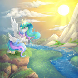 Size: 3000x3000 | Tagged: safe, artist:katemaximova, princess celestia, alicorn, pony, g4, cloud, crown, female, glowing, glowing horn, grass, hoof shoes, horn, jewelry, magic, mare, mountain, outdoors, peytral, princess shoes, raised hoof, raising the sun, regalia, river, scenery, sky, solo, spread wings, sun, water, wings