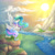 Size: 3000x3000 | Tagged: safe, artist:katemaximova, princess celestia, alicorn, pony, g4, cloud, crown, female, glowing, glowing horn, grass, hoof shoes, horn, jewelry, magic, mare, mountain, outdoors, peytral, princess shoes, raised hoof, raising the sun, regalia, river, scenery, sky, solo, spread wings, sun, water, wings