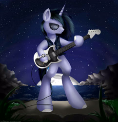 Size: 3000x3100 | Tagged: safe, artist:katemaximova, oc, oc only, unicorn, semi-anthro, arm hooves, bipedal, clothes, electric guitar, guitar, high res, hoof hold, horn, male, moon, musical instrument, night, outdoors, solo, stallion, sunglasses