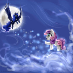 Size: 3000x3000 | Tagged: safe, artist:katemaximova, princess luna, sweetie belle, alicorn, pony, unicorn, g4, blank flank, duo, duo female, female, filly, foal, full moon, high res, horn, looking at each other, looking at someone, mare, moon, spread wings, wings