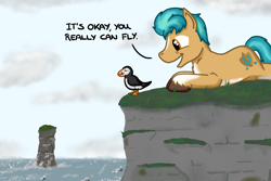 Size: 1800x1200 | Tagged: safe, artist:hoofclid, hitch trailblazer, bird, earth pony, pony, puffin, g5, cliff, comma splice, dialogue, grammar error, lying down, male, ocean, open mouth, open smile, outdoors, prone, smiling, sploot, stallion, water