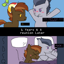 Size: 2048x2048 | Tagged: safe, artist:sdsq, derpibooru exclusive, button mash, rumble, earth pony, pegasus, pony, g4, bed, blushing, colt, cuddling, denial's not just a river in egypt, duo, duo male, foal, gay, male, ship:rumblemash, shipping, stallion