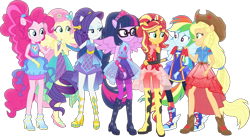 Size: 1533x843 | Tagged: safe, edit, edited screencap, editor:pascalmulokozi2, screencap, applejack, fluttershy, pinkie pie, rainbow dash, rarity, sci-twi, sunset shimmer, twilight sparkle, human, equestria girls, equestria girls specials, g4, my little pony equestria girls: forgotten friendship, applejack's hat, background removed, boots, clothes, cowboy hat, hat, humane five, humane seven, humane six, magical geodes, not a vector, outfit, outfits, ponied up, shoes, simple background, transparent background