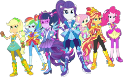 Size: 1401x878 | Tagged: safe, edit, edited screencap, editor:pascalmulokozi2, screencap, applejack, fluttershy, pinkie pie, rainbow dash, rarity, sci-twi, sunset shimmer, twilight sparkle, human, equestria girls, g4, my little pony equestria girls: better together, super squad goals, armor, background removed, bare shoulders, crystal guardian, humane five, humane seven, humane six, magical geodes, not a vector, serious, simple background, sleeveless, superhero, transparent background, worried