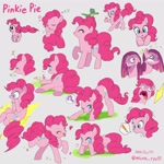 Size: 2024x2025 | Tagged: safe, artist:miura_ryo33, gummy, pinkie pie, alligator, earth pony, insect, ladybug, pony, g4, my little pony: friendship is magic, party of one, too many pinkie pies, emanata, exclamation point, eyes closed, faic, female, flower, grass, gray background, heart, high res, lying down, male, mare, onomatopoeia, open mouth, open smile, pinkamena diane pie, pinkie frogmouth, prone, question mark, shocked, simple background, smiling, sound effects, speech bubble, zzz