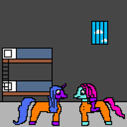 Size: 1024x1024 | Tagged: safe, artist:yujinevrean, izzy moonbow, jazz hooves, earth pony, unicorn, g5, bed, bunk bed, clothes, cloud, digital art, duo, female, horn, jail, jail cell, jazz has no ears, jumpsuit, mare, never doubt rainbowdash69's involvement, no ears, pillow, pixel art, prison, prison outfit