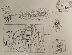 Size: 2048x1557 | Tagged: safe, artist:pony quarantine, cloudy daze, oc, oc:dyx, oc:ponyquarantine, alicorn, human, pegasus, pony, g4, black sclera, canon x oc, cheek kiss, dialogue, dragon ball, dyxcember, exclamation point, eyes closed, fangs, female, filly, foal, grayscale, human male, kissing, male, mare, monochrome, older, older dyx, open mouth, open smile, pen drawing, smiling, spread wings, straight, traditional art, wings