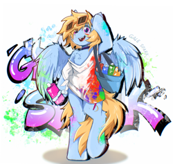 Size: 2132x2022 | Tagged: safe, artist:gale spark, oc, oc only, oc:gale spark, pegasus, pony, semi-anthro, chest fluff, clothes, collar, glasses, graffiti, open mouth, smiling, solo, spray can, spray paint