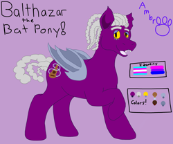 Size: 3000x2500 | Tagged: safe, artist:batpony, oc, oc only, oc:balthazar, bat pony, acoustic guitar, bat pony oc, bat wings, bisexual pride flag, chubby, dreadlocks, eyelashes, fangs, gray mane, gray tail, guitar, membranous wings, musical instrument, pride, pride flag, purple fur, solo, thick eyelashes, transgender pride flag, wings, yellow eyes