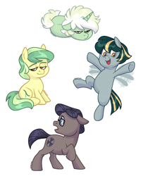 Size: 1497x1844 | Tagged: safe, artist:pigeorgien, oc, oc only, oc:fallout, oc:half-life, oc:trefoil clover, oc:uranium fever, earth pony, pegasus, pony, unicorn, chibi, female, flapping wings, flying, glasses, horn, lying down, male, mare, simple background, sitting, stallion, white background, wings