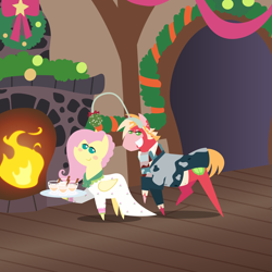 Size: 2160x2160 | Tagged: safe, anonymous artist, big macintosh, flutterholly, fluttershy, earth pony, pegasus, pony, series:fm holidays, series:hearth's warming advent calendar 2024, a hearth's warming tail, g4, my little pony: friendship is magic, advent calendar, alternate hairstyle, bedroom eyes, blush sticker, blushing, christmas, christmas wreath, clothes, dress, duo, eggnog, female, fire, fireplace, flirting, flour, garland, grin, high res, holiday, lineless, male, mare, mistletoe, muttonchops, ornament, pointy ponies, raised hoof, scarf, ship:fluttermac, shipping, smiling, stallion, straight, wreath