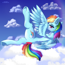 Size: 3000x3000 | Tagged: safe, artist:divori, rainbow dash, pegasus, pony, g4, cloud, female, looking at you, lying down, lying on a cloud, mare, on a cloud, on side, raised leg, solo, spread wings, wings