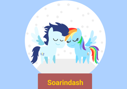 Size: 3553x2499 | Tagged: safe, anonymous artist, derpibooru exclusive, rainbow dash, soarin', pegasus, pony, series:soarindash hearth's warming, series:soarindash romantic tales, g4, christmas, eyes closed, female, hearth's warming, holiday, male, mare, pointy ponies, ship:soarindash, shipping, smiling, snow globe, stallion, straight