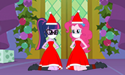 Size: 6791x4072 | Tagged: safe, artist:cartoonmasterv3, pinkie pie, sci-twi, twilight sparkle, human, equestria girls, g4, advent calendar, arm behind back, bondage, bound and gagged, christmas, christmas 2024, clothes, costume, duo, gag, hat, holiday, kneeling, santa claus, santa costume, santa hat, tied up