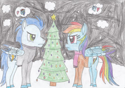 Size: 750x529 | Tagged: safe, artist:thepegasuseffect, rainbow dash, soarin', pegasus, pony, g4, christmas, christmas tree, female, holiday, male, mare, ship:soarindash, shipping, stallion, straight, traditional art, tree