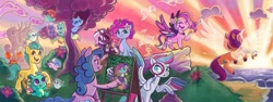 Size: 2000x750 | Tagged: safe, artist:sophie scruggs, idw, official comic, hitch trailblazer, izzy moonbow, kenneth, mcsnips-a-lot, misty brightdawn, pipp petals, princess cadance, sparky sparkeroni, sunny starscout, violette rainbow, zipp storm, alicorn, bird, bunnicorn, crab, dragon, earth pony, pegasnail, pegasus, pony, rabbit, raccoon, raccoonicorn, seagull, snail, unicorn, g4, g5, official, :p, artificial horn, artificial wings, augmented, baby, baby dragon, bracelet, cloud, colored wings, colored wingtips, comic cover, cover, cover art, diadem, drawing, eyes closed, female, filly, flower, flower in hair, flying, foal, grin, horn, jewelry, magic, magic horn, magic wings, male, mane stripe sunny, mare, multicolored wings, ocean, open mouth, open smile, outdoors, race swap, raised hoof, rebirth misty, regalia, royal sisters (g5), siblings, sisters, smiling, sparkles, sparkly eyes, spread wings, stallion, statue, sunnycorn, tongue out, unshorn fetlocks, water, wingding eyes, wings