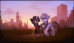 Size: 2453x1415 | Tagged: safe, artist:ramiras, oc, oc only, oc:kate, oc:kej, pegasus, pony, unicorn, bandana, city, clothes, commission, couple, duo, duo male and female, female, folded wings, glowing, glowing horn, horn, k+k, levitation, looking at each other, looking at someone, magic, magic aura, male, mare, oc x oc, outdoors, park, scenery, shipping, smiling, smiling at each other, stallion, straight, sunset, sweater, telekinesis, wings