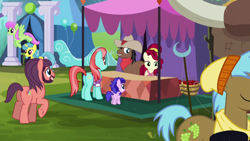 Size: 1280x720 | Tagged: safe, screencap, cherry jubilee, full steam, lemon hearts, merry may, neigh sayer, northern song, plumberry, promontory, strawberry ice, pony, g4, my little pony: friendship is magic, party pooped, george harrison, ponified, ponyville