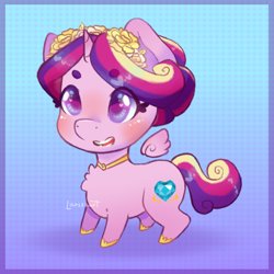 Size: 1080x1080 | Tagged: safe, artist:larizzart, princess cadance, alicorn, pony, g4, alternate hairstyle, blushing, chest fluff, chibi, cute, cutedance, female, floating wings, mare, open mouth, open smile, smiling, solo, wings