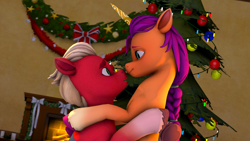 Size: 1920x1080 | Tagged: safe, artist:franzu5ik, sprout cloverleaf, sunny starscout, alicorn, earth pony, pony, g5, 3d, artificial horn, augmented, christmas, christmas lights, christmas tree, coat markings, duo, duo male and female, female, female on male, happy new year, holiday, horn, hug, looking at each other, looking at someone, love, magic, magic horn, male, mare, mare on stallion, new year, race swap, romance, romantic, ship:sunnyclover, shipping, socks (coat markings), stallion, straight, sunnycorn, tree, unshorn fetlocks, wingless