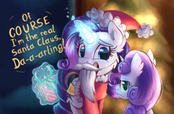 Size: 3200x2100 | Tagged: safe, artist:candy meow, rarity, sweetie belle, pony, unicorn, g4, awkward smile, cheek fluff, christmas, christmas tree, clothes, coat, costume, duo, ear fluff, fake beard, female, filly, foal, garland, hat, holiday, horn, looking at someone, looking at you, looking back, looking back at you, magic, mare, present, santa beard, santa claus, santa coat, santa costume, santa hat, smiling, sticky note, sweetie belle is not amused, telekinesis, text, tree, unamused