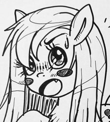 Size: 809x897 | Tagged: safe, artist:poneigh777, pinkie pie, earth pony, pony, g4, anime, anime style, blushing, chest fluff, cropped, fangs, female, mare, monochrome, open mouth, pinkamena diane pie, solo